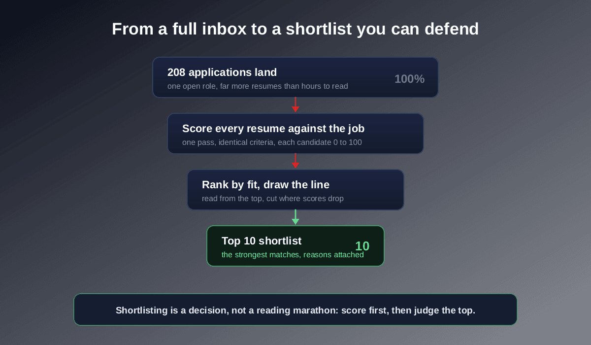 Candidate shortlisting funnel: 208 applications land, every resume is scored against the job description in one pass, candidates are ranked by fit and a shortlist line is drawn, leaving a top 10 shortlist of the strongest matches