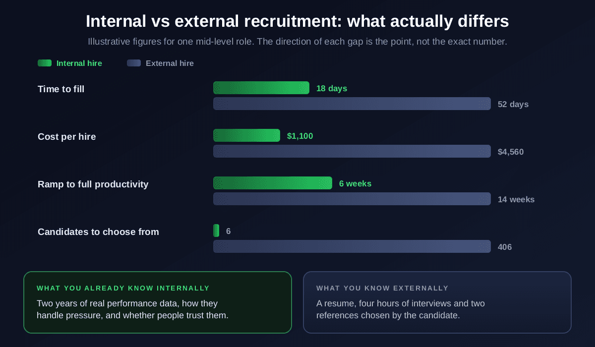 Internal vs external recruitment compared on illustrative figures for one mid-level role: time to fill 18 days internal against 52 days external, cost per hire 1,100 dollars against 4,560 dollars, ramp to full productivity 6 weeks against 14 weeks, and candidates to choose from only 6 internal against 406 external, with internal hiring offering real performance data versus a resume and interviews externally