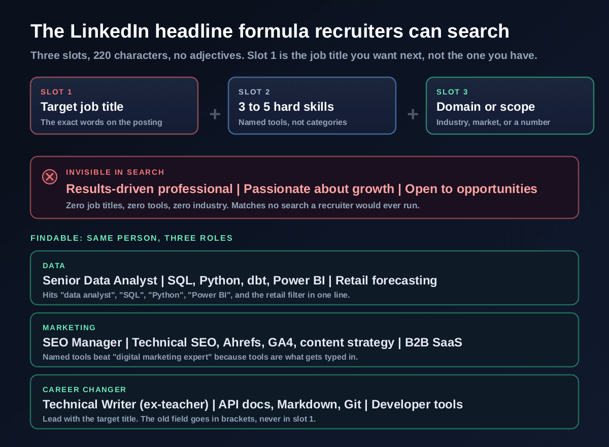 The LinkedIn headline formula: slot one is the target job title in the posting's exact words, slot two is three to five named hard skills or tools, slot three is domain or scope, with a before example reading results-driven professional passionate about growth and after examples for a senior data analyst, an SEO manager, and a career changer moving into technical writing