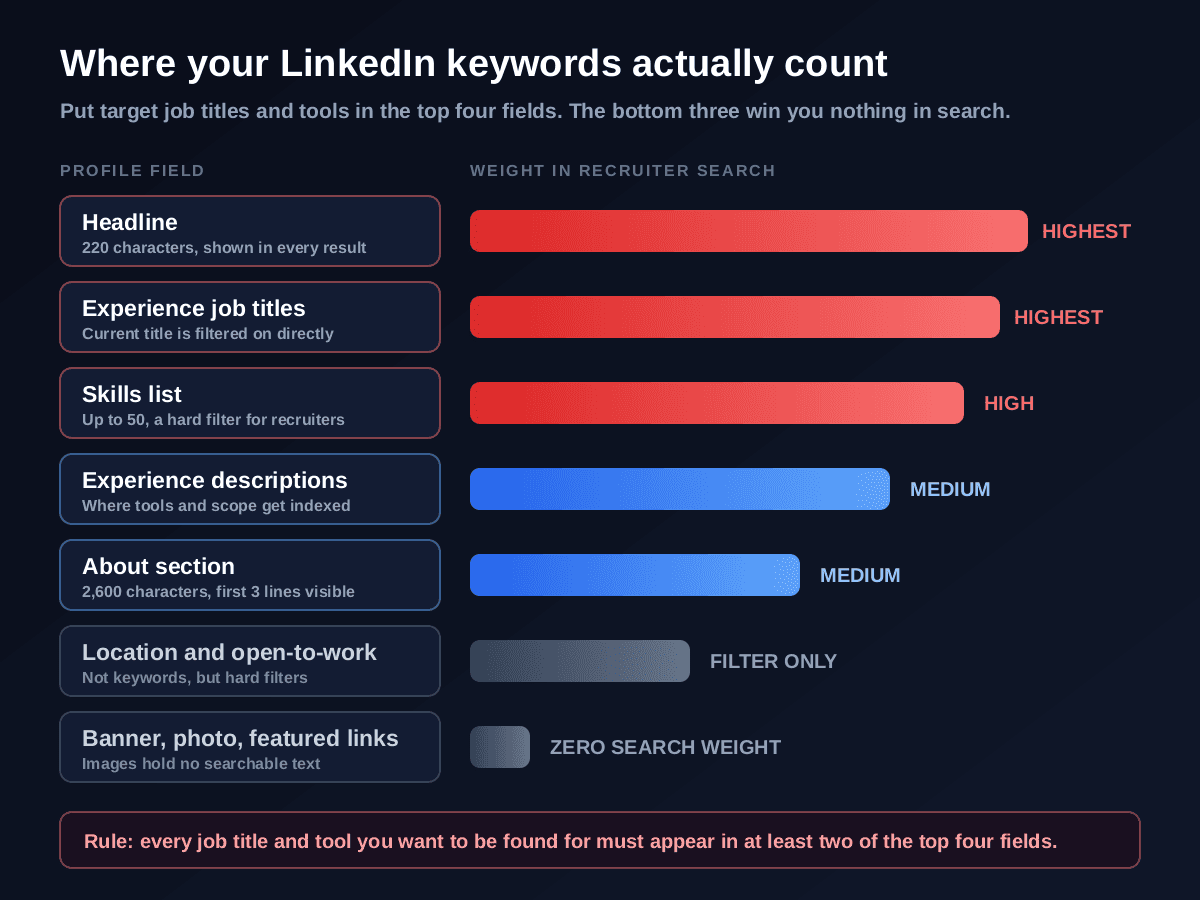 Where LinkedIn keywords count: headline and experience job titles carry the highest weight in recruiter search, the skills list is a high-weight hard filter, experience descriptions and the About section are medium, location and open-to-work act as filters rather than keywords, and your banner image, photo, and featured links carry zero search weight