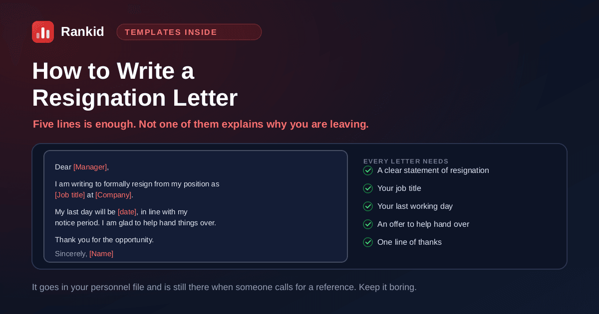 How to write a resignation letter: a short five line letter template stating the resignation, job title, last working day, an offer to help hand over and one line of thanks, beside a checklist of the five elements every resignation letter needs
