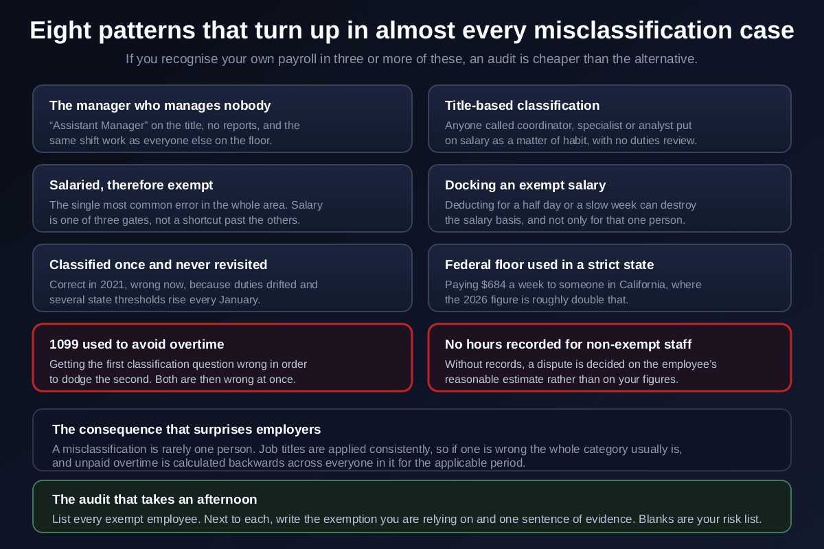 Eight patterns common to misclassification cases, the manager who manages nobody, classification based on job title alone, assuming salaried means exempt, docking an exempt salary and breaking the salary basis, classifying once and never revisiting as duties drift and state thresholds rise, applying the federal floor in a strict state such as California, using 1099 to avoid overtime, and keeping no hours records for non-exempt staff, with notes that misclassification is rarely one person because titles are applied consistently
