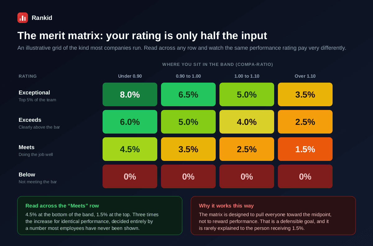 A merit matrix heatmap with performance rating down the side and compa-ratio quartile across the top, showing that an Exceptional rating pays 8.0 percent under 0.90 falling to 3.5 percent over 1.10, an Exceeds rating pays 6.0 percent falling to 2.5 percent, a Meets rating pays 4.5 percent falling to 1.5 percent, and a Below rating pays zero everywhere, with a note that reading across the Meets row shows three times the increase for identical performance and that the matrix is designed to pull everyone toward the midpoint rather than to reward performance