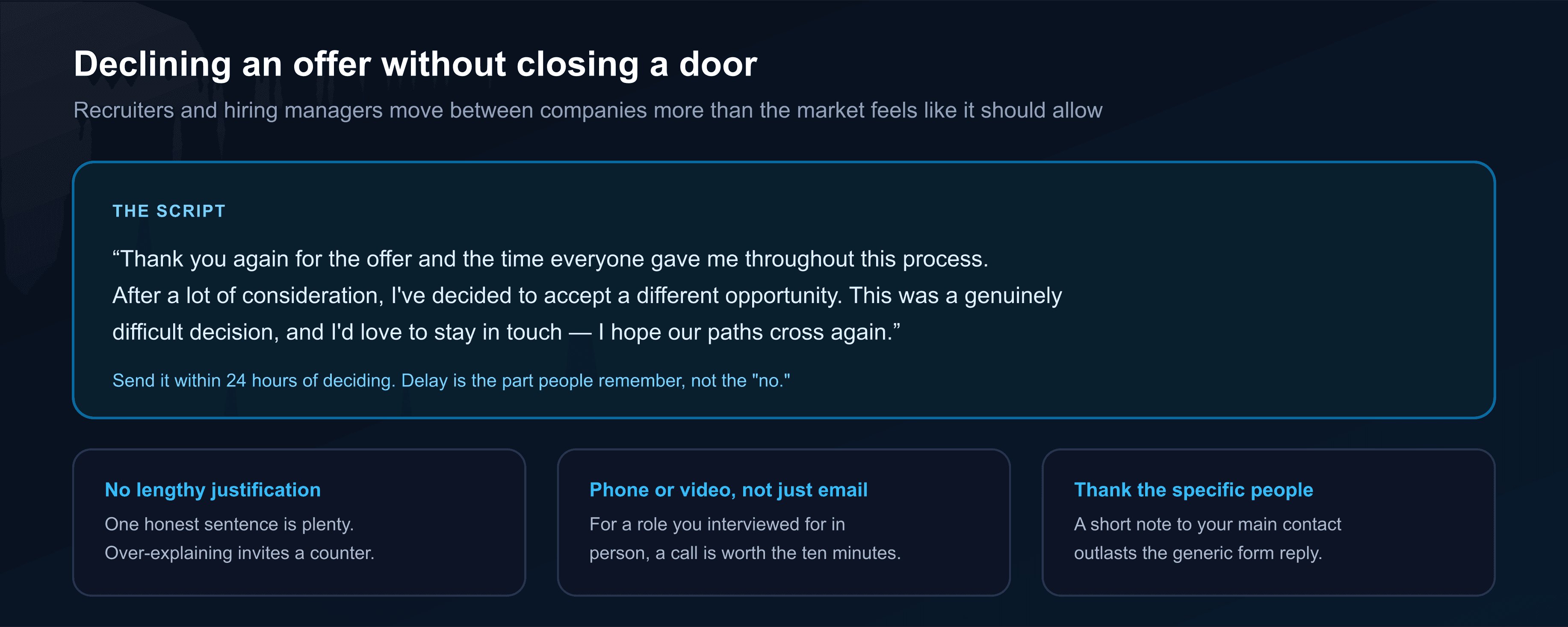 A decline script thanking the employer and expressing that the decision was difficult without a lengthy justification, along with three tips: skip a lengthy justification, use a phone or video call rather than only email for a role interviewed for in person, and thank the specific people involved rather than sending a generic reply