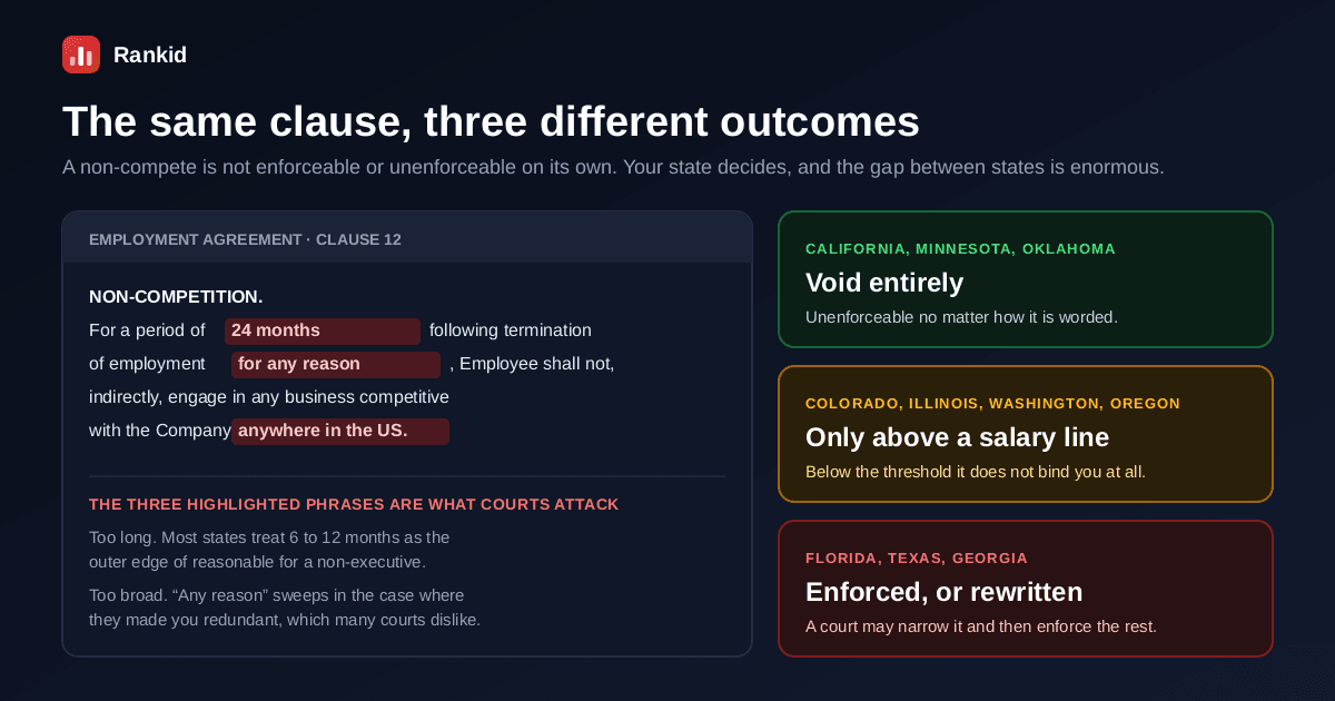 A non-competition clause from an employment agreement with three phrases highlighted, twenty-four months, for any reason, and anywhere in the US, shown alongside three different state outcomes, void entirely in California Minnesota and Oklahoma, enforceable only above a salary line in Colorado Illinois Washington and Oregon, and enforced or rewritten in Florida Texas and Georgia