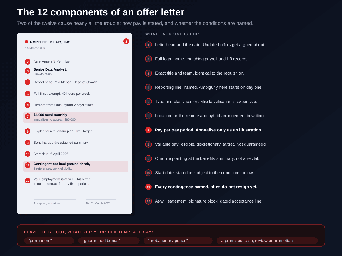 The anatomy of an offer letter as an annotated document with twelve numbered required components: letterhead and date, candidate full legal name, exact job title and department, reporting line, employment type and exempt or non-exempt classification, work location or remote arrangement, compensation stated per pay period, variable pay marked discretionary, a pointer to the benefits summary, start date, named contingencies, and the at-will statement with signature block and dated acceptance deadline, alongside four items to leave out