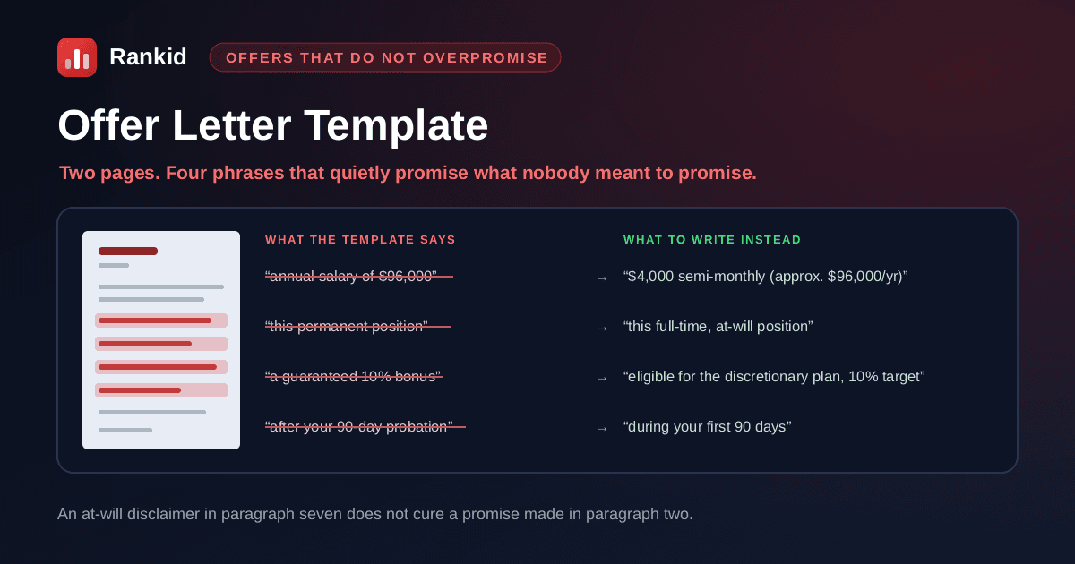 An offer letter with the four phrases that quietly turn it into a binding promise highlighted, alongside the safe rewrite of each one