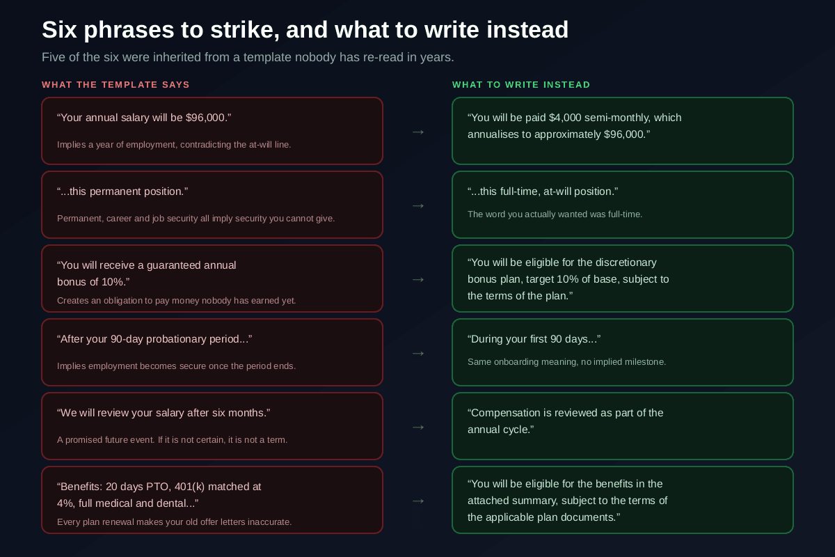 Six risky offer letter phrases paired with safer rewrites: annual salary of 96,000 dollars becomes 4,000 dollars semi-monthly which annualises to approximately 96,000 dollars, this permanent position becomes this full-time at-will position, a guaranteed annual bonus of ten percent becomes eligible for the discretionary bonus plan with a ten percent target, after your ninety-day probationary period becomes during your first ninety days, we will review your salary after six months becomes compensation is reviewed as part of the annual cycle, and a detailed recital of benefits becomes a pointer to the benefits summary and plan documents