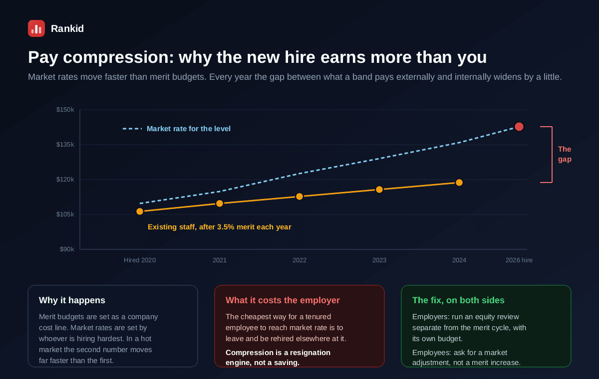 A chart showing pay compression over six years, with the market rate for a level rising steeply from about $107,000 in 2020 to $147,000 for a 2026 hire, while existing staff receiving 3.5 percent merit increases each year rise only from $105,000 to about $120,000, leaving a visible gap between the new hire and tenured staff, with notes that merit budgets are a company cost line while market rates are set by whoever is hiring hardest, that compression is a resignation engine rather than a saving, and that the fix is an equity review with its own budget