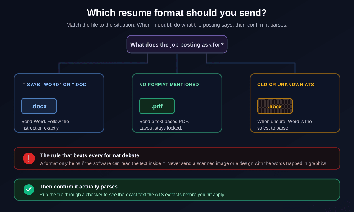 Decision guide for which resume format to send: if the posting says Word or .doc send a .docx, if no format is mentioned send a text-based PDF, if the ATS is old or unknown send Word to be safe, and in every case make sure the text is readable and then confirm the file parses