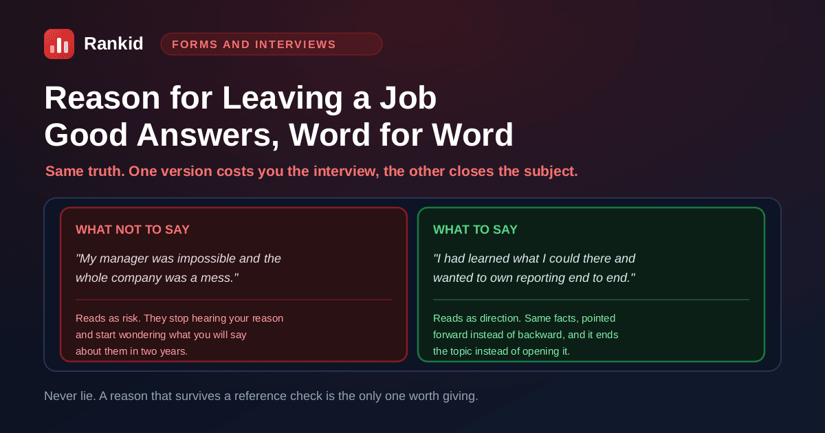 Reason for leaving a job, good answers compared: a bad version blaming an impossible manager and a chaotic company reads as risk, while a good version saying you had learned what you could and wanted to own reporting end to end reads as direction, using the same facts pointed forward