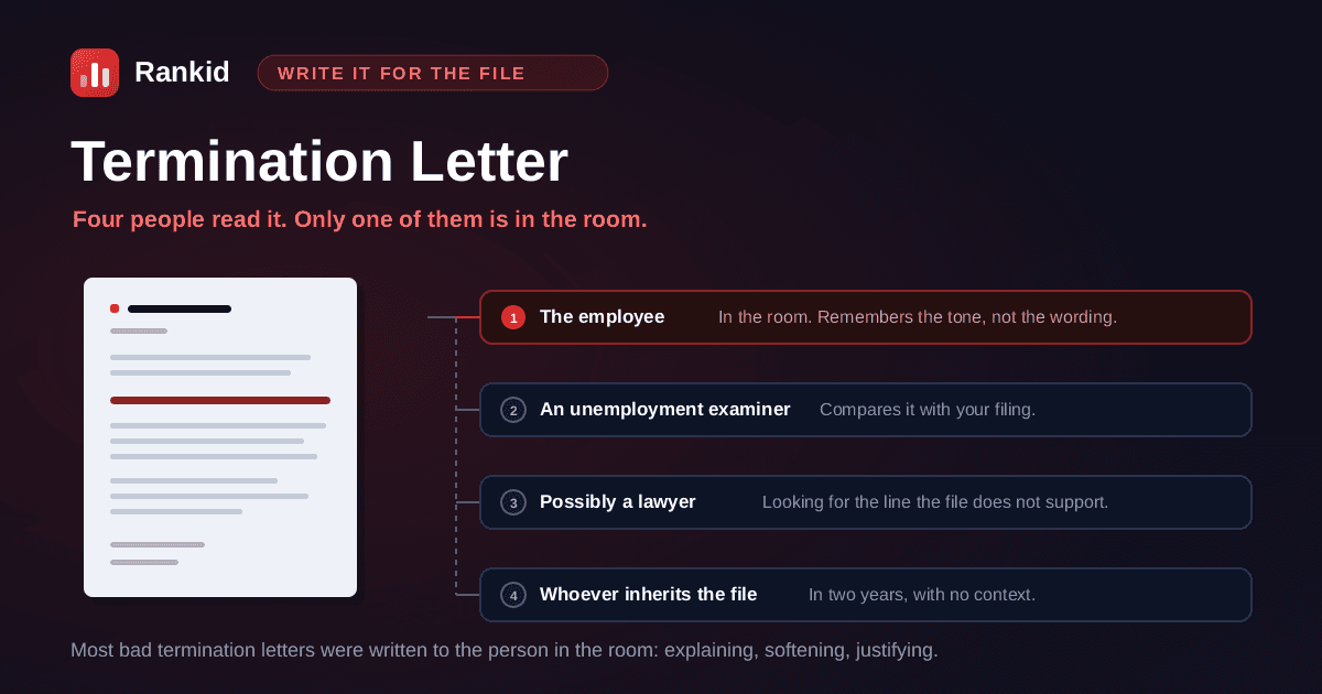 A termination letter with the four people who read it later, the employee, an unemployment examiner, an employment lawyer and the next HR person to inherit the file, showing that only one of them is in the room when it is handed over