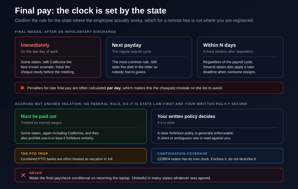 Final pay obligations after termination shown as three timing groups, wages due immediately on the last day of work in some states for an involuntary discharge, wages due on the next regular payday in many states, and wages due within a set number of days in others, with a separate panel on accrued vacation payout showing states that treat it as earned wages that must be paid out, states where the employer's written policy decides, and the point that combined paid time off banks are often treated as vacation in full, plus continuation coverage notice timing