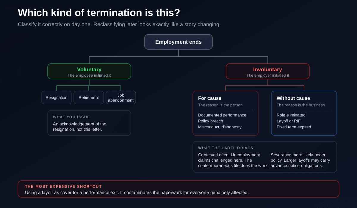 A branching taxonomy of termination types showing voluntary termination splitting into resignation, retirement and job abandonment, and involuntary termination splitting into termination for cause covering performance and misconduct, and termination without cause covering role elimination, layoff and reduction in force and end of a fixed term, with the practical consequence of each branch for unemployment eligibility, severance and how contested it is likely to be