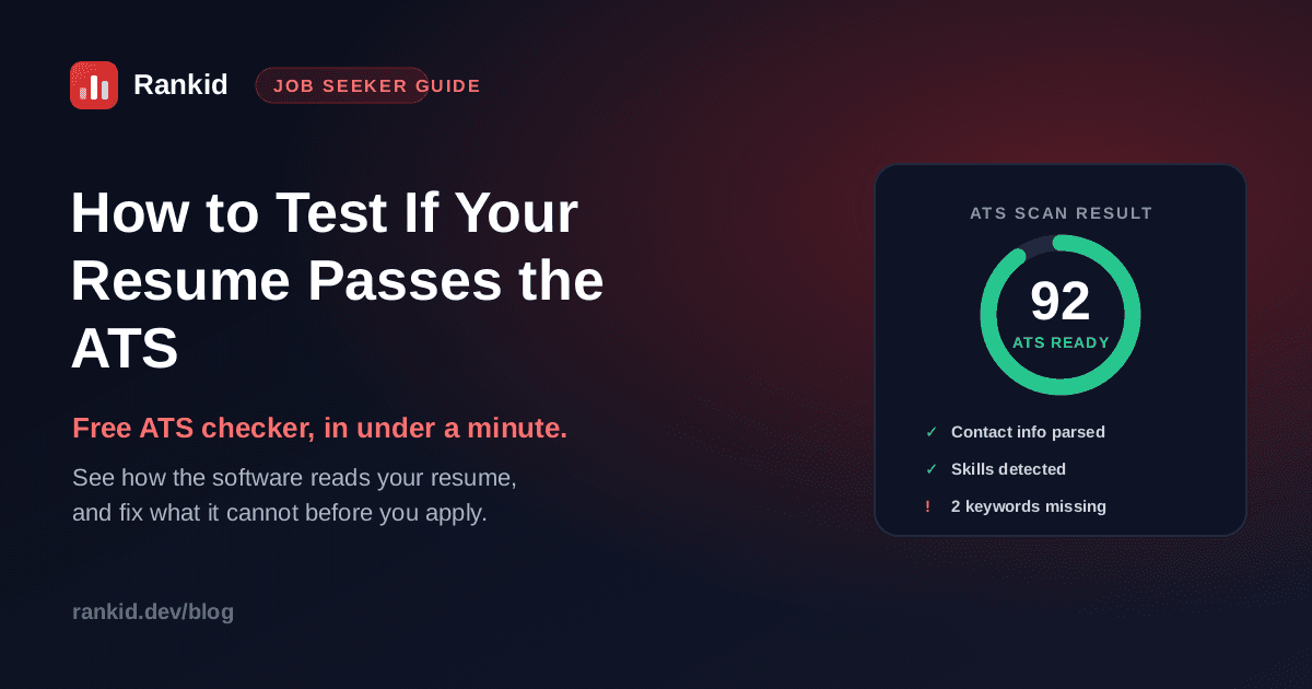 How to test if your resume passes the ATS: an ATS scan result card showing a score of 92, contact info parsed, skills detected, and 2 keywords missing