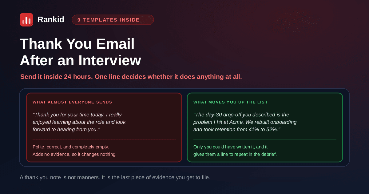 Two thank you emails after an interview compared side by side: the generic version thanking them for their time and saying you look forward to hearing back adds no evidence and changes nothing, while the version referencing the day-30 onboarding drop-off they described and the retention numbers you moved gives the interviewer something to repeat in the debrief